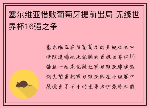 塞尔维亚惜败葡萄牙提前出局 无缘世界杯16强之争