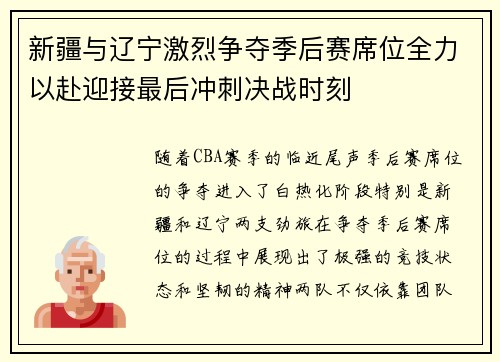 新疆与辽宁激烈争夺季后赛席位全力以赴迎接最后冲刺决战时刻