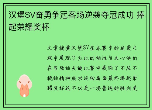汉堡SV奋勇争冠客场逆袭夺冠成功 捧起荣耀奖杯