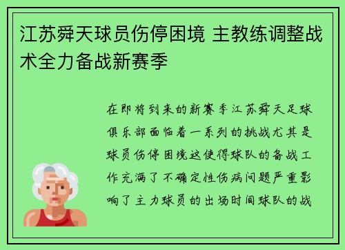 江苏舜天球员伤停困境 主教练调整战术全力备战新赛季