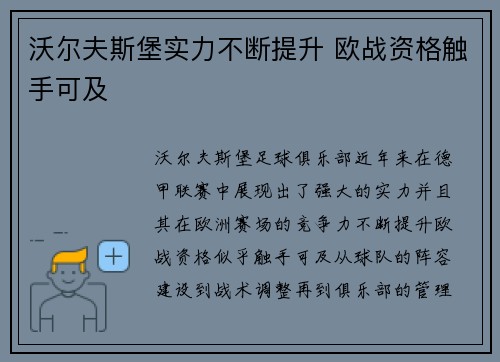 沃尔夫斯堡实力不断提升 欧战资格触手可及