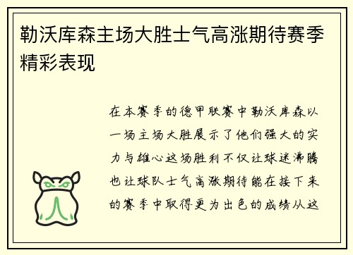 勒沃库森主场大胜士气高涨期待赛季精彩表现